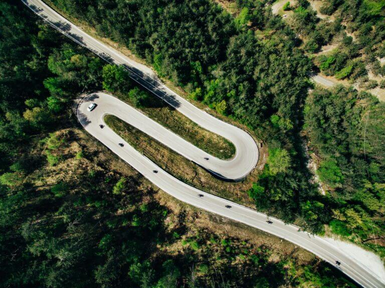 Aerial shot of a windy mountain road