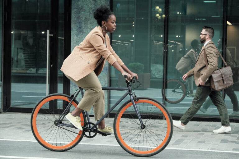 Woman riding a bicycle to work