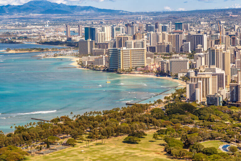 Aerial view of Waikiki Beach in Honolulu, Hawaii